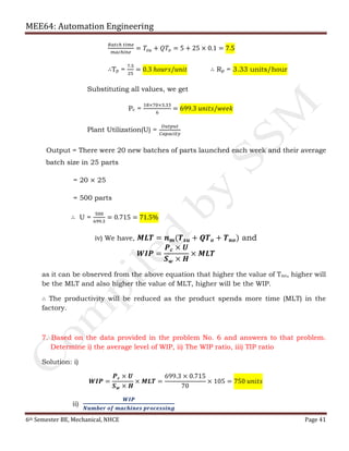 MEE64: Automation Engineering
6th Semester BE, Mechanical, NHCE Page 41
𝐵𝑎𝑡𝑐ℎ 𝑡𝑖𝑚𝑒
𝑚𝑎𝑐ℎ𝑖𝑛𝑒
= 𝑇𝑠𝑢 + 𝑄𝑇𝑜 = 5 + 25 × 0.1 = 7.5
∴Tp =
7.5
25
= 0.3 ℎ𝑜𝑢𝑟𝑠/𝑢𝑛𝑖𝑡 ∴ Rp = 3.33 units/hour
Substituting all values, we get
Pc =
18×70×3.33
6
= 699.3 𝑢𝑛𝑖𝑡𝑠/𝑤𝑒𝑒𝑘
Plant Utilization(U) =
𝑂𝑢𝑡𝑝𝑢𝑡
𝐶𝑎𝑝𝑎𝑐𝑖𝑡𝑦
Output = There were 20 new batches of parts launched each week and their average
batch size in 25 parts
= 20 × 25
= 500 parts
∴ U =
500
699.3
= 0.715 = 71.5%
iv) We have, 𝑴𝑳𝑻 = 𝒏 𝒎(𝑻 𝒔𝒖 + 𝑸𝑻 𝒐 + 𝑻 𝒏𝒐) and
𝑾𝑰𝑷 =
𝑷 𝒄 × 𝑼
𝑺 𝒘 × 𝑯
× 𝑴𝑳𝑻
as it can be observed from the above equation that higher the value of Tno, higher will
be the MLT and also higher the value of MLT, higher will be the WIP.
∴ The productivity will be reduced as the product spends more time (MLT) in the
factory.
7. Based on the data provided in the problem No. 6 and answers to that problem.
Determine i) the average level of WIP, ii) The WIP ratio, iii) TIP ratio
Solution: i)
𝑾𝑰𝑷 =
𝑷 𝒄 × 𝑼
𝑺 𝒘 × 𝑯
× 𝑴𝑳𝑻 =
699.3 × 0.715
70
× 105 = 750 𝑢𝑛𝑖𝑡𝑠
ii)
𝑾𝑰𝑷
𝑵𝒖𝒎𝒃𝒆𝒓 𝒐𝒇 𝒎𝒂𝒄𝒉𝒊𝒏𝒆𝒔 𝒑𝒓𝒐𝒄𝒆𝒔𝒔𝒊𝒏𝒈
 