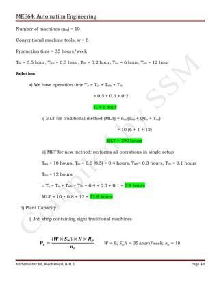 MEE64: Automation Engineering
6th Semester BE, Mechanical, NHCE Page 48
Number of machines (nm) = 10
Conventional machine tools, w = 8
Production time = 35 hours/week
Tm = 0.5 hour, Twh = 0.3 hour, Tth = 0.2 hour, Tsu = 6 hour, Tno = 12 hour
Solution:
a) We have operation time To = Tm + Twh + Tth
= 0.5 + 0.3 + 0.2
To = 1 hour
i) MLT for traditional method (MLT) = nm (Tsu + QTo + Tno)
= 10 (6 + 1 + 12)
MLT = 190 hours
ii) MLT for new method: performs all operations in single setup
Tsu = 10 hours, Tm = 0.8 (0.5) = 0.4 hours, Twh= 0.3 hours, Tth = 0.1 hours
Tno = 12 hours
∴ To = Tm + Twh + Tth = 0.4 + 0.3 + 0.1 = 0.8 hours
MLT = 10 + 0.8 + 12 = 22.8 hours
b) Plant Capacity
i) Job shop containing eight traditional machines
𝑷 𝒄 =
(𝑾 × 𝑺 𝒘) × 𝑯 × 𝑹 𝒑
𝒏 𝒐
𝑊 = 8; 𝑆 𝑤 𝐻 = 35 ℎ𝑜𝑢𝑟𝑠/𝑤𝑒𝑒𝑘; 𝑛 𝑜 = 10
 