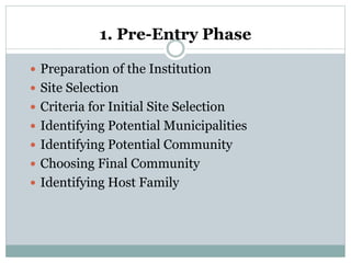 1. Pre-Entry Phase
 Preparation of the Institution
 Site Selection
 Criteria for Initial Site Selection
 Identifying P...