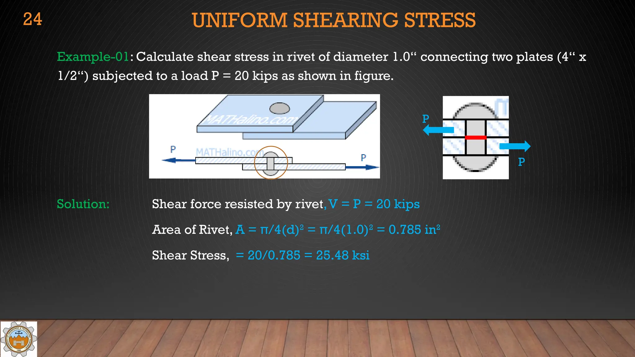 UNIFORM SHEARING STRESS
Example-01: Calculate shear stress in rivet of diameter 1.0“ connecting two plates (4“ x
1/2“) subjected to a load P = 20 kips as shown in figure.
Solution: Shear force resisted by rivet,V = P = 20 kips
Area of Rivet, A = π/4(d)2
= π/4(1.0)2
= 0.785 in2
Shear Stress, = 20/0.785 = 25.48 ksi
24
P
P
 