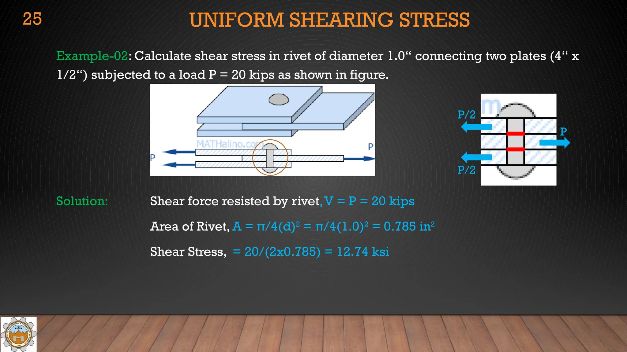 UNIFORM SHEARING STRESS
Example-02: Calculate shear stress in rivet of diameter 1.0“ connecting two plates (4“ x
1/2“) subjected to a load P = 20 kips as shown in figure.
Solution: Shear force resisted by rivet,V = P = 20 kips
Area of Rivet, A = π/4(d)2
= π/4(1.0)2
= 0.785 in2
Shear Stress, = 20/(2x0.785) = 12.74 ksi
25
P
P/2
P/2
 