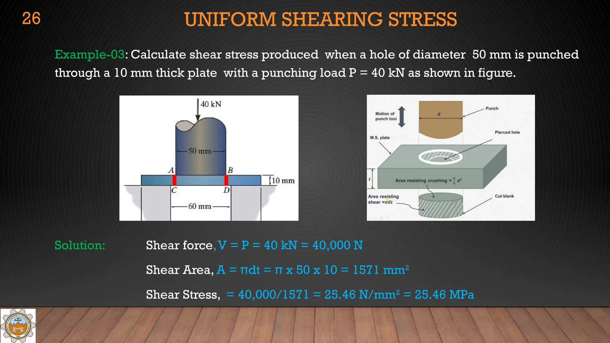 UNIFORM SHEARING STRESS
Example-03: Calculate shear stress produced when a hole of diameter 50 mm is punched
through a 10 mm thick plate with a punching load P = 40 kN as shown in figure.
Solution: Shear force,V = P = 40 kN = 40,000 N
Shear Area, A = πdt = π x 50 x 10 = 1571 mm2
Shear Stress, = 40,000/1571 = 25.46 N/mm2
= 25.46 MPa
26
 