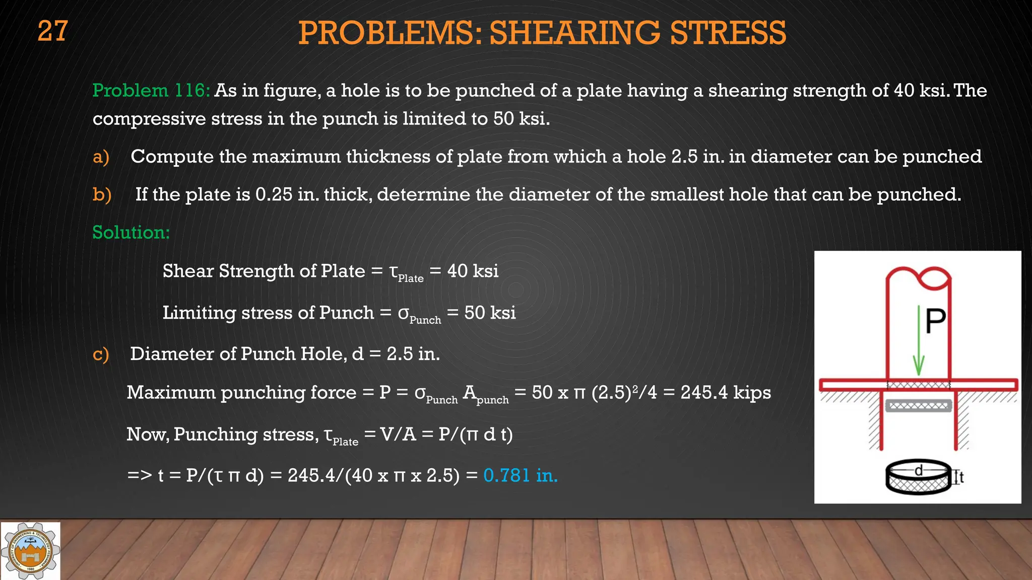 PROBLEMS: SHEARING STRESS
Problem 116: As in figure, a hole is to be punched of a plate having a shearing strength of 40 ksi.The
compressive stress in the punch is limited to 50 ksi.
a) Compute the maximum thickness of plate from which a hole 2.5 in. in diameter can be punched
b) If the plate is 0.25 in. thick, determine the diameter of the smallest hole that can be punched.
Solution:
Shear Strength of Plate = τPlate = 40 ksi
Limiting stress of Punch = σPunch = 50 ksi
c) Diameter of Punch Hole, d = 2.5 in.
Maximum punching force = P = σPunch Apunch = 50 x π (2.5)2
/4 = 245.4 kips
Now, Punching stress, τPlate = V/A = P/(π d t)
=> t = P/(τ π d) = 245.4/(40 x π x 2.5) = 0.781 in.
27
 