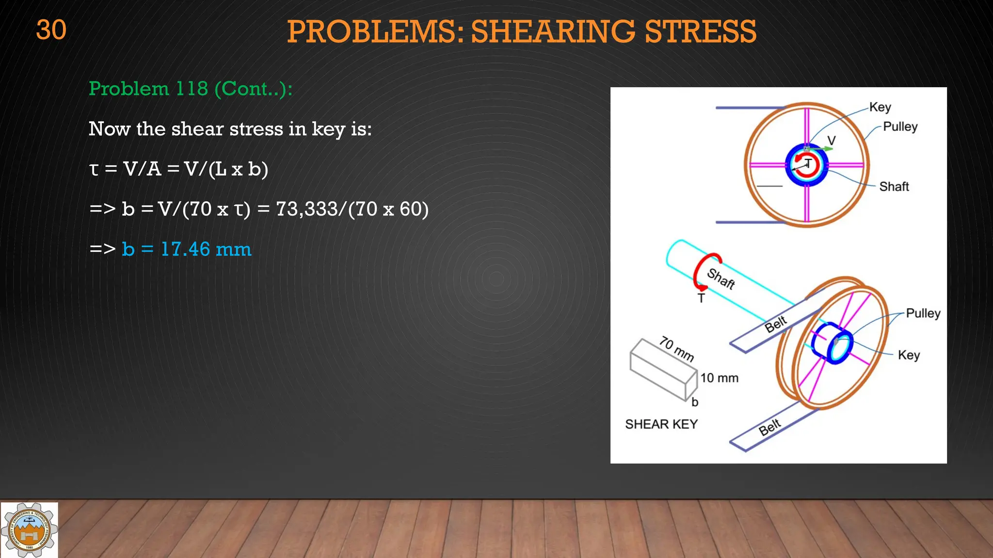 PROBLEMS: SHEARING STRESS
Problem 118 (Cont..):
Now the shear stress in key is:
τ = V/A = V/(L x b)
=> b = V/(70 x τ) = 73,333/(70 x 60)
=> b = 17.46 mm
30
 