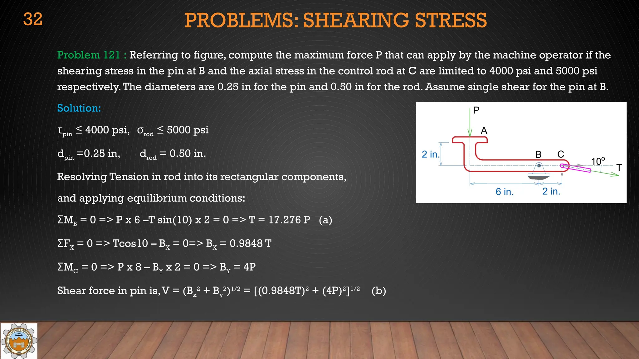 PROBLEMS: SHEARING STRESS
Problem 121 : Referring to figure, compute the maximum force P that can apply by the machine operator if the
shearing stress in the pin at B and the axial stress in the control rod at C are limited to 4000 psi and 5000 psi
respectively.The diameters are 0.25 in for the pin and 0.50 in for the rod. Assume single shear for the pin at B.
Solution:
τpin ≤ 4000 psi, σrod ≤ 5000 psi
dpin =0.25 in, drod = 0.50 in.
Resolving Tension in rod into its rectangular components,
and applying equilibrium conditions:
M
Σ B = 0 => P x 6 –T sin(10) x 2 = 0 => T = 17.276 P (a)
F
Σ X = 0 => Tcos10 – BX = 0=> BX = 0.9848 T
M
Σ C = 0 => P x 8 – BY x 2 = 0 => BY = 4P
Shear force in pin is,V = (Bx
2
+ By
2
)1/2
= [(0.9848T)2
+ (4P)2
]1/2
(b)
32
 