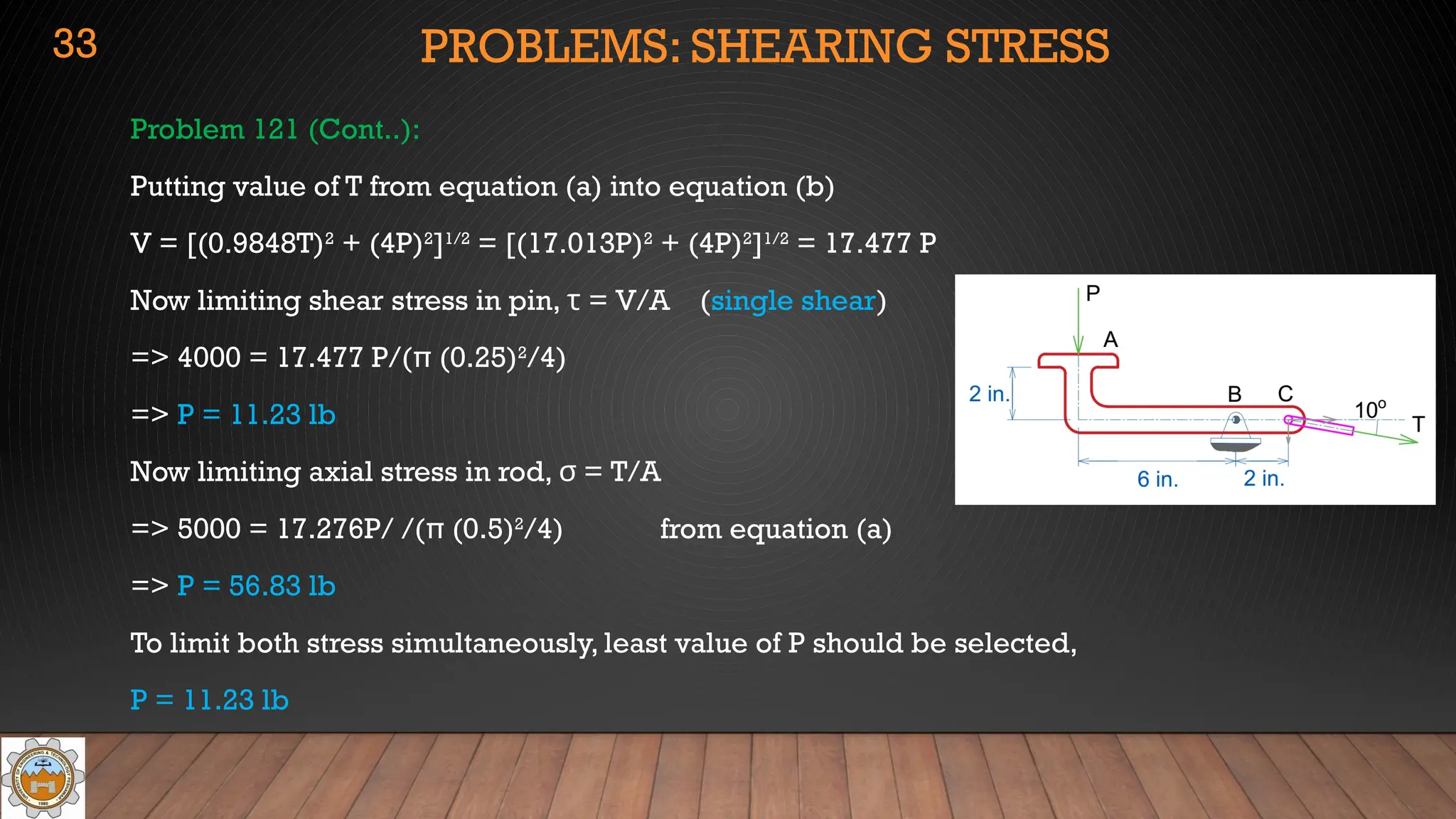 PROBLEMS: SHEARING STRESS
Problem 121 (Cont..):
Putting value of T from equation (a) into equation (b)
V = [(0.9848T)2
+ (4P)2
]1/2
= [(17.013P)2
+ (4P)2
]1/2
= 17.477 P
Now limiting shear stress in pin, τ = V/A (single shear)
=> 4000 = 17.477 P/(π (0.25)2
/4)
=> P = 11.23 lb
Now limiting axial stress in rod, = T/A
σ
=> 5000 = 17.276P/ /(π (0.5)2
/4) from equation (a)
=> P = 56.83 lb
To limit both stress simultaneously, least value of P should be selected,
P = 11.23 lb
33
 
