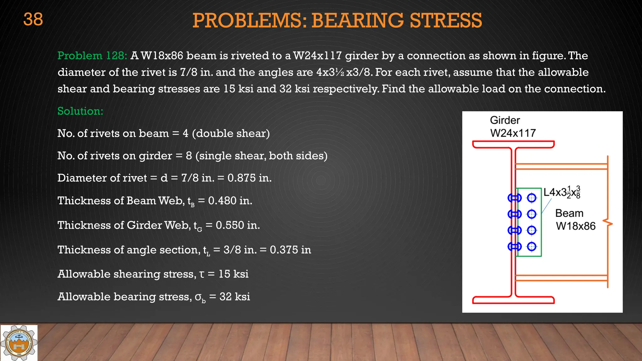 PROBLEMS: BEARING STRESS
Problem 128: A W18x86 beam is riveted to a W24x117 girder by a connection as shown in figure.The
diameter of the rivet is 7/8 in. and the angles are 4x3½x3/8. For each rivet, assume that the allowable
shear and bearing stresses are 15 ksi and 32 ksi respectively. Find the allowable load on the connection.
Solution:
No. of rivets on beam = 4 (double shear)
No. of rivets on girder = 8 (single shear, both sides)
Diameter of rivet = d = 7/8 in. = 0.875 in.
Thickness of Beam Web, tB = 0.480 in.
Thickness of Girder Web, tG = 0.550 in.
Thickness of angle section, tL = 3/8 in. = 0.375 in
Allowable shearing stress, τ = 15 ksi
Allowable bearing stress, σb = 32 ksi
38
 