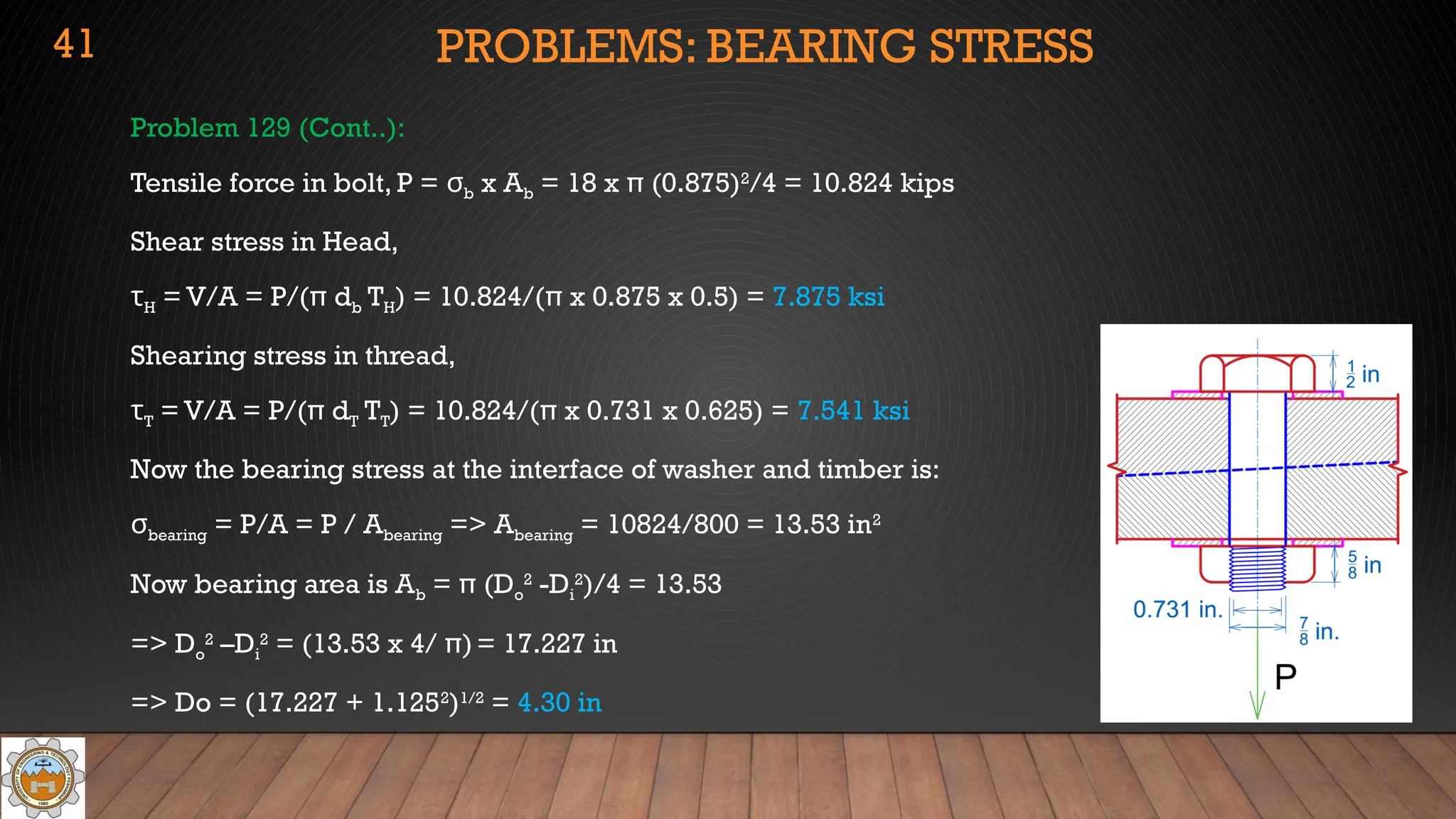 PROBLEMS: BEARING STRESS
Problem 129 (Cont..):
Tensile force in bolt, P = σb x Ab = 18 x π (0.875)2
/4 = 10.824 kips
Shear stress in Head,
τH = V/A = P/(π db TH) = 10.824/(π x 0.875 x 0.5) = 7.875 ksi
Shearing stress in thread,
τT = V/A = P/(π dT TT) = 10.824/(π x 0.731 x 0.625) = 7.541 ksi
Now the bearing stress at the interface of washer and timber is:
σbearing = P/A = P / Abearing => Abearing = 10824/800 = 13.53 in2
Now bearing area is Ab = π (Do
2
-Di
2
)/4 = 13.53
=> Do
2
–Di
2
= (13.53 x 4/ π)= 17.227 in
=> Do = (17.227 + 1.1252
)1/2
= 4.30 in
41
 