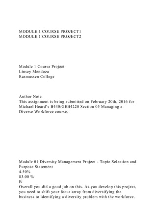 MODULE 1 COURSE PROJECT1
MODULE 1 COURSE PROJECT2
Module 1 Course Project
Linsey Mendoza
Rasmussen College
Author Note
This assignment is being submitted on February 20th, 2016 for
Michael Heard’s B440/GEB4220 Section 05 Managing a
Diverse Workforce course.
Module 01 Diversity Management Project - Topic Selection and
Purpose Statement
4.50%
83.00 %
B
Overall you did a good job on this. As you develop this project,
you need to shift your focus away from diversifying the
business to identifying a diversity problem with the workforce.
 