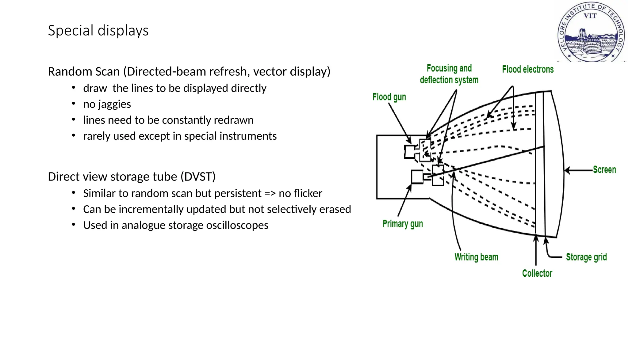 Special displays
Random Scan (Directed-beam refresh, vector display)
• draw the lines to be displayed directly
• no jaggies
• lines need to be constantly redrawn
• rarely used except in special instruments
Direct view storage tube (DVST)
• Similar to random scan but persistent => no flicker
• Can be incrementally updated but not selectively erased
• Used in analogue storage oscilloscopes
 