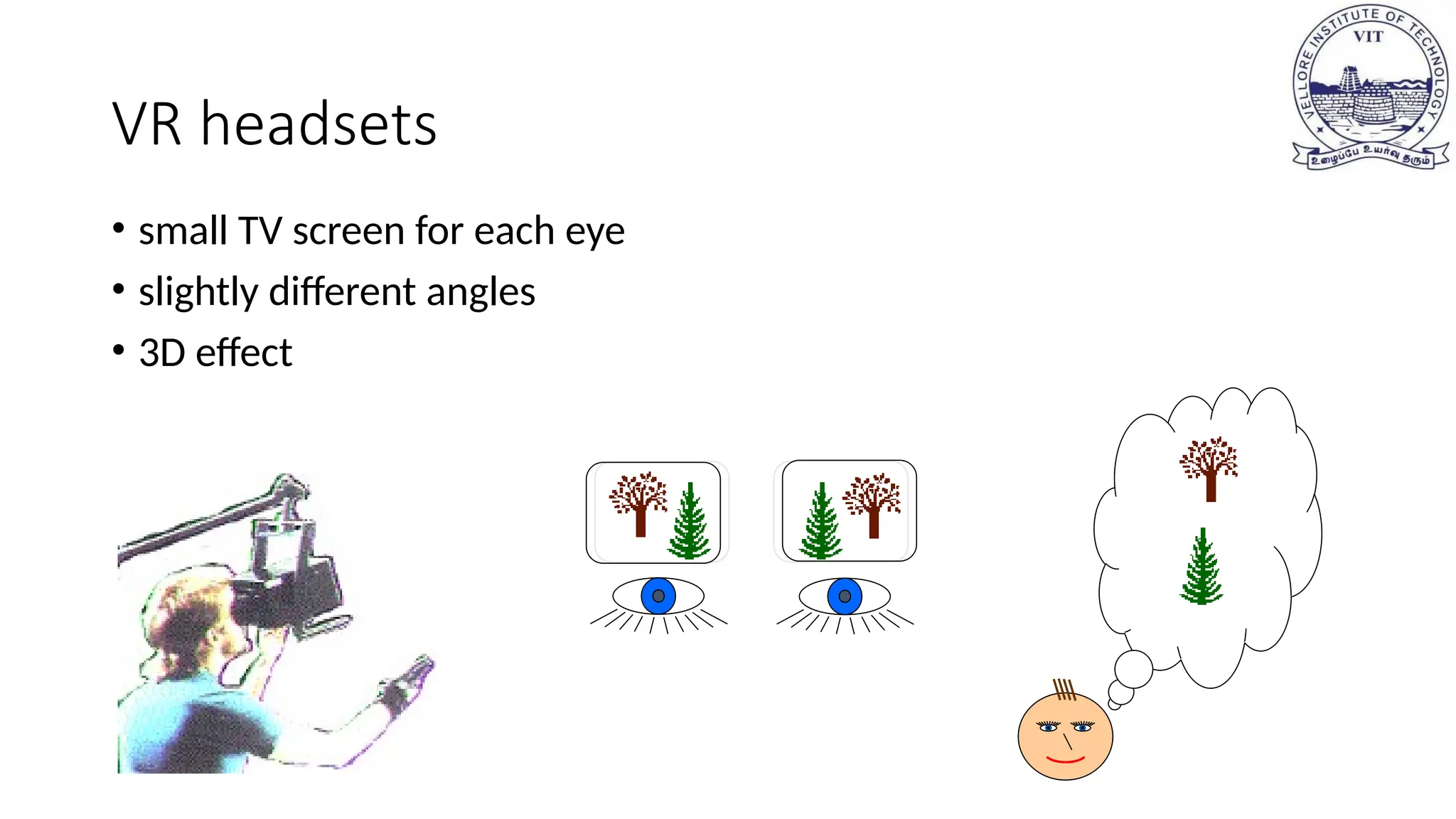 VR headsets
• small TV screen for each eye
• slightly different angles
• 3D effect
 