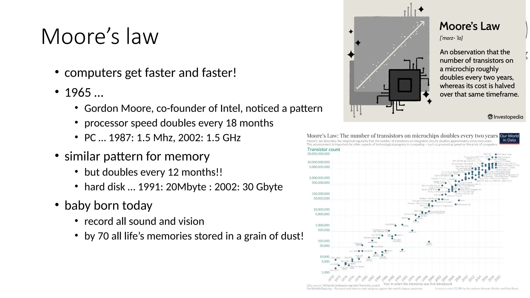 Moore’s law
• computers get faster and faster!
• 1965 …
• Gordon Moore, co-founder of Intel, noticed a pattern
• processor speed doubles every 18 months
• PC … 1987: 1.5 Mhz, 2002: 1.5 GHz
• similar pattern for memory
• but doubles every 12 months!!
• hard disk … 1991: 20Mbyte : 2002: 30 Gbyte
• baby born today
• record all sound and vision
• by 70 all life’s memories stored in a grain of dust!
 
