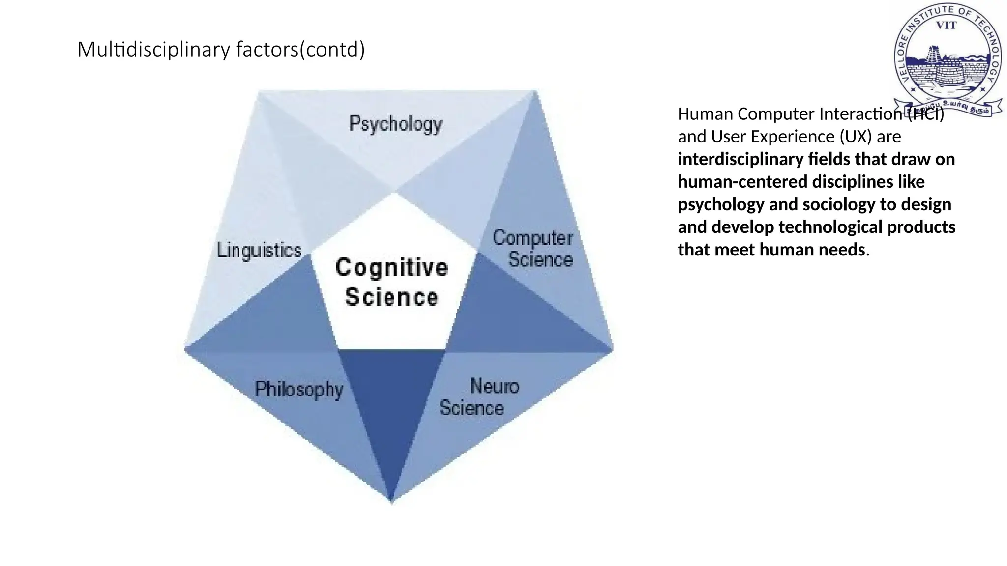Human Computer Interaction (HCI)
and User Experience (UX) are
interdisciplinary fields that draw on
human-centered disciplines like
psychology and sociology to design
and develop technological products
that meet human needs.
Multidisciplinary factors(contd)
 