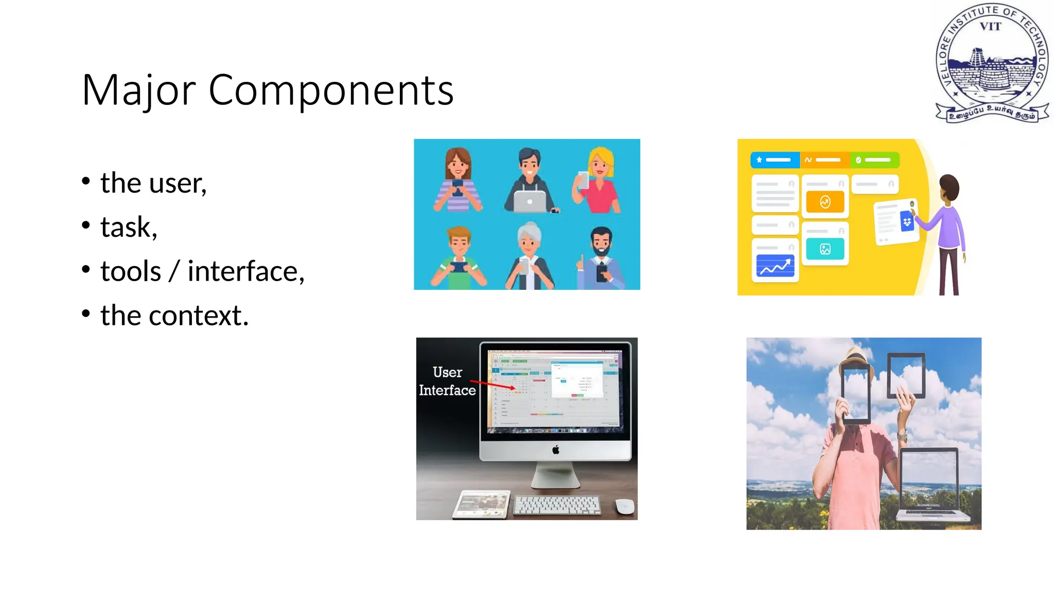 Major Components
• the user,
• task,
• tools / interface,
• the context.
 