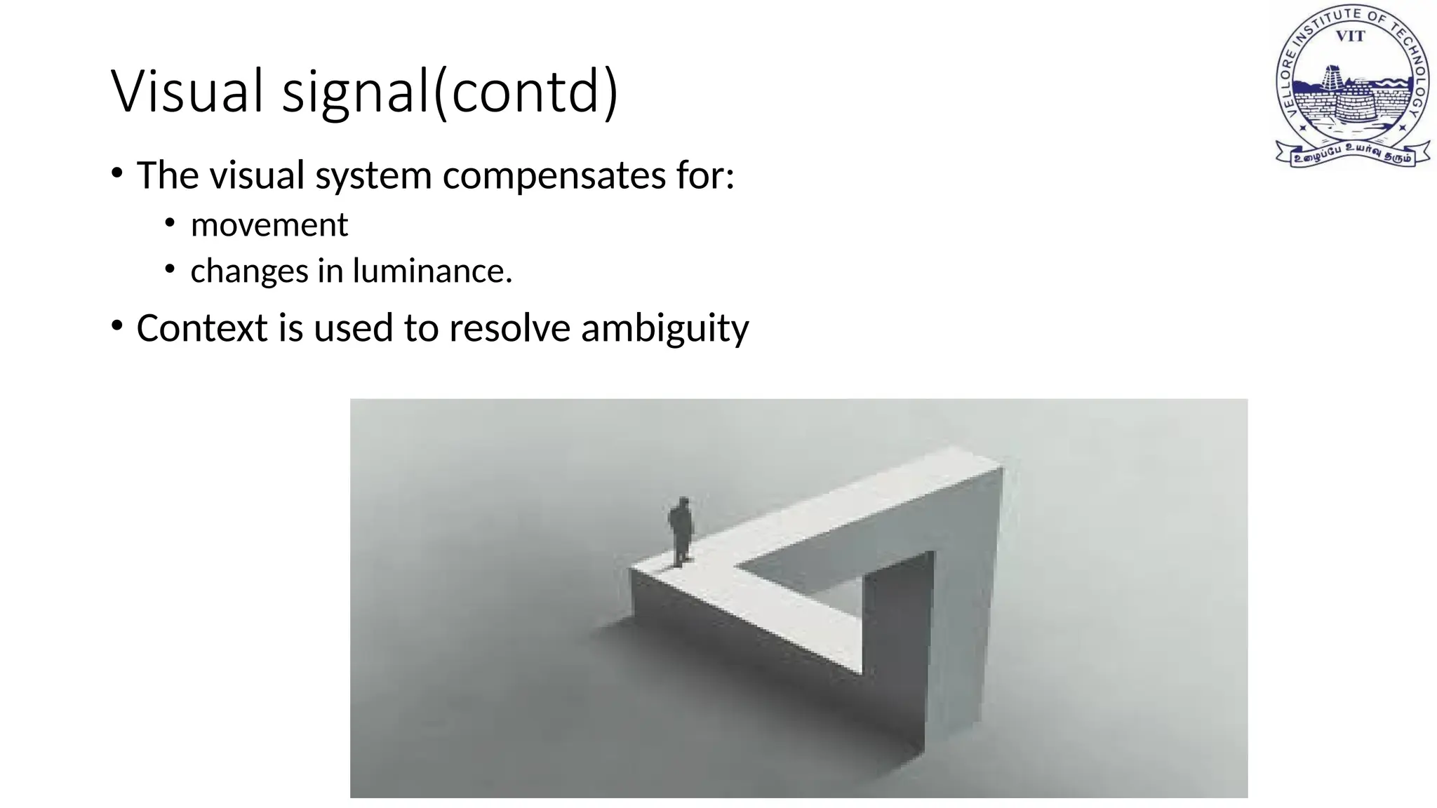 Visual signal(contd)
• The visual system compensates for:
• movement
• changes in luminance.
• Context is used to resolve ambiguity
 