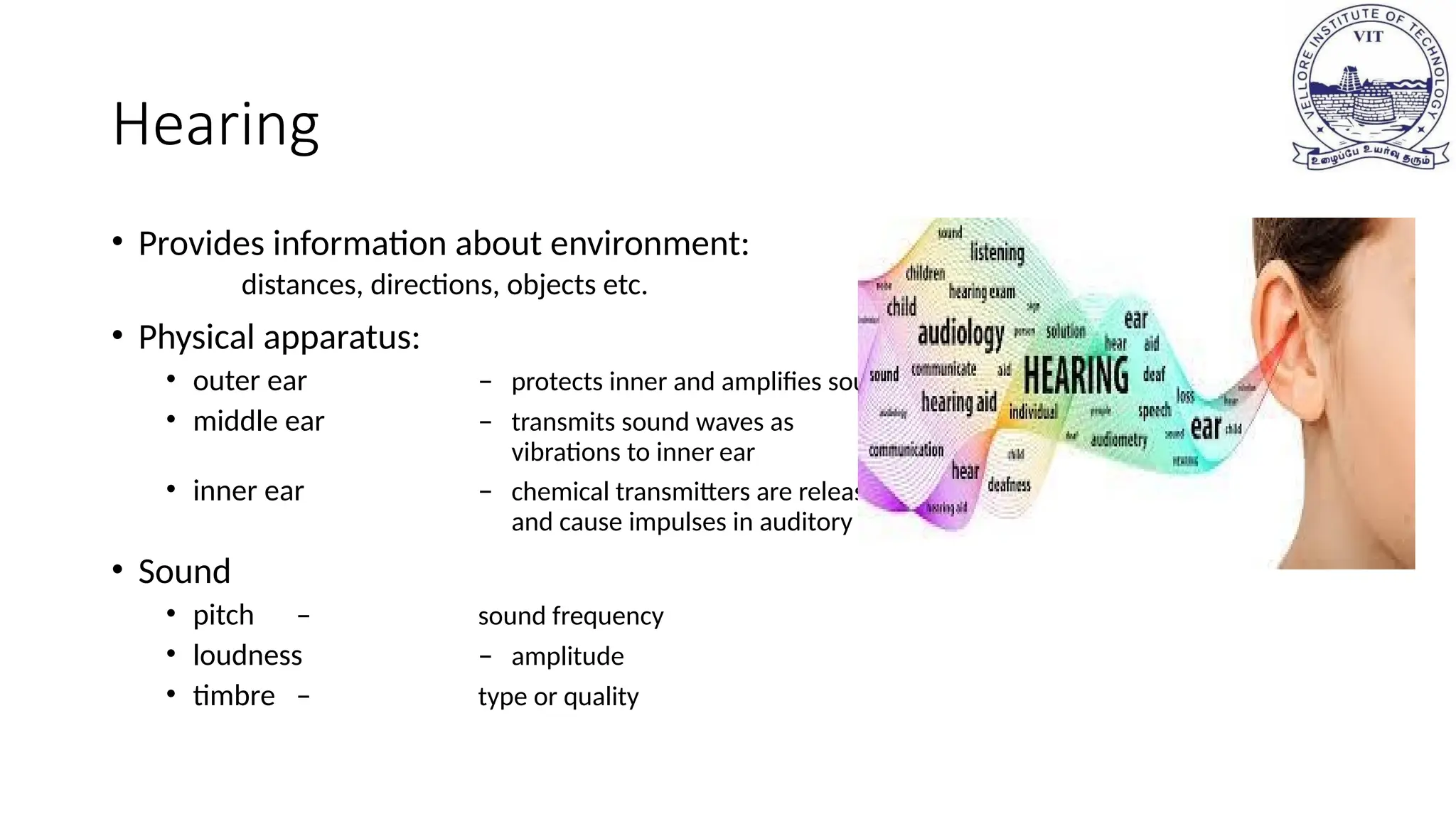 Hearing
• Provides information about environment:
distances, directions, objects etc.
• Physical apparatus:
• outer ear – protects inner and amplifies sound
• middle ear – transmits sound waves as
vibrations to inner ear
• inner ear – chemical transmitters are released
and cause impulses in auditory nerve
• Sound
• pitch – sound frequency
• loudness – amplitude
• timbre – type or quality
 