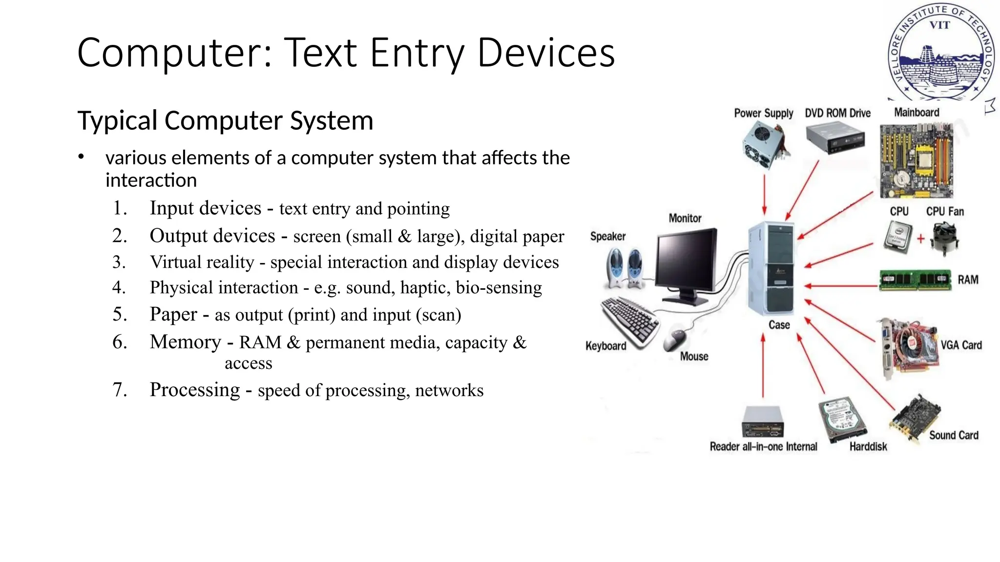 Computer: Text Entry Devices
Typical Computer System
• various elements of a computer system that affects the
interaction
1. Input devices - text entry and pointing
2. Output devices - screen (small & large), digital paper
3. Virtual reality - special interaction and display devices
4. Physical interaction - e.g. sound, haptic, bio-sensing
5. Paper - as output (print) and input (scan)
6. Memory - RAM & permanent media, capacity &
access
7. Processing - speed of processing, networks
2
1
 