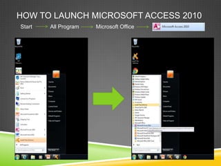 HOW TO LAUNCH MICROSOFT ACCESS 2010
Start All Program Microsoft Office