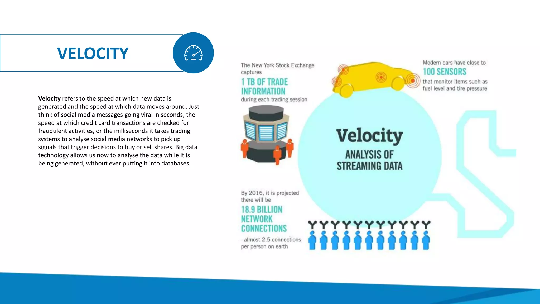 VELOCITY
Velocity refers to the speed at which new data is
generated and the speed at which data moves around. Just
think of social media messages going viral in seconds, the
speed at which credit card transactions are checked for
fraudulent activities, or the milliseconds it takes trading
systems to analyse social media networks to pick up
signals that trigger decisions to buy or sell shares. Big data
technology allows us now to analyse the data while it is
being generated, without ever putting it into databases.
 