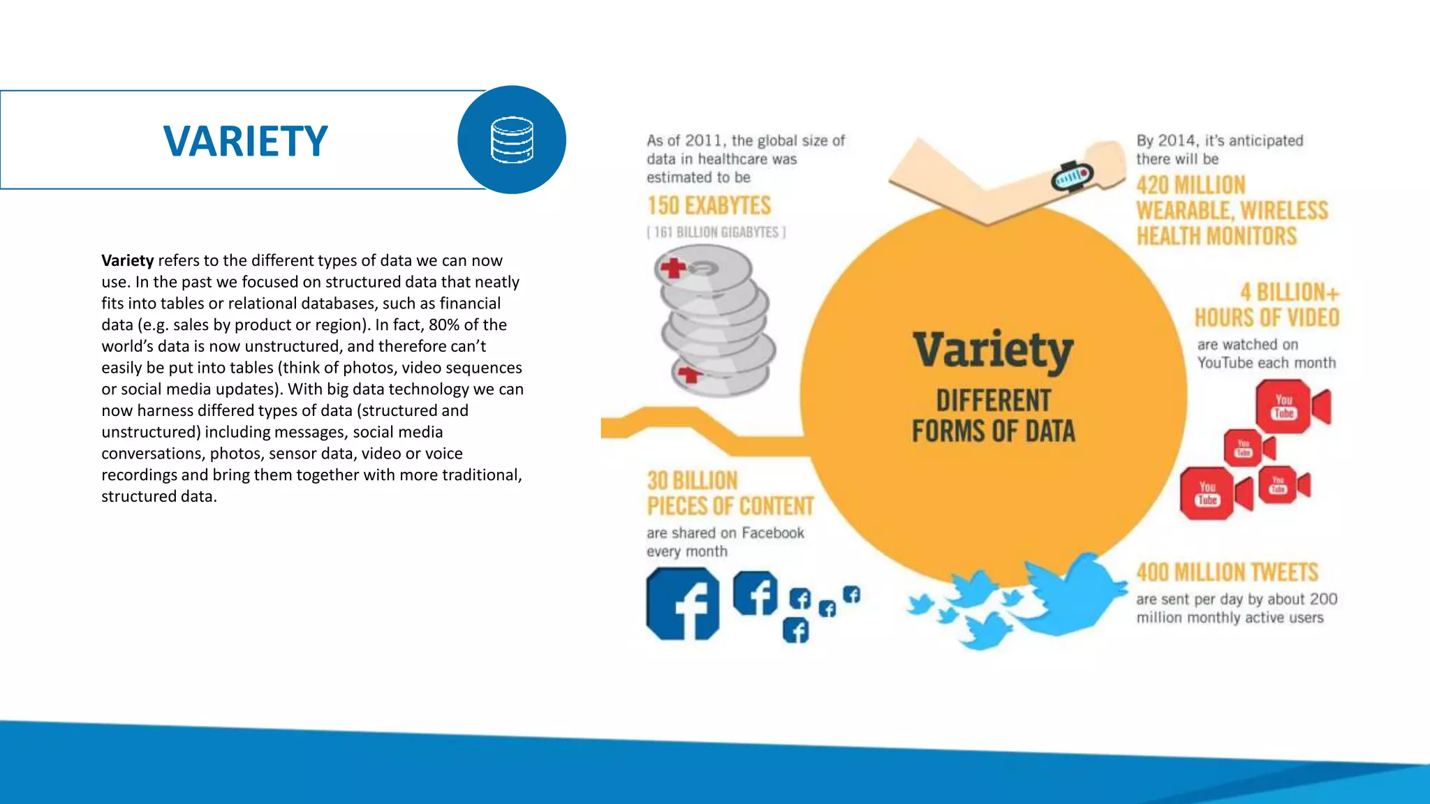 VARIETY
Variety refers to the different types of data we can now
use. In the past we focused on structured data that neatly
fits into tables or relational databases, such as financial
data (e.g. sales by product or region). In fact, 80% of the
world’s data is now unstructured, and therefore can’t
easily be put into tables (think of photos, video sequences
or social media updates). With big data technology we can
now harness differed types of data (structured and
unstructured) including messages, social media
conversations, photos, sensor data, video or voice
recordings and bring them together with more traditional,
structured data.
 