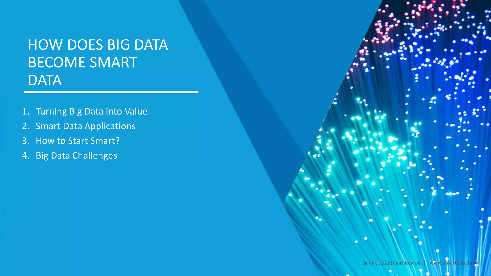 1. Turning Big Data into Value
2. Smart Data Applications
3. How to Start Smart?
4. Big Data Challenges
HOW DOES BIG DATA
BECOME SMART
DATA
Smart Data Smart Region | www.smartdata.how
 