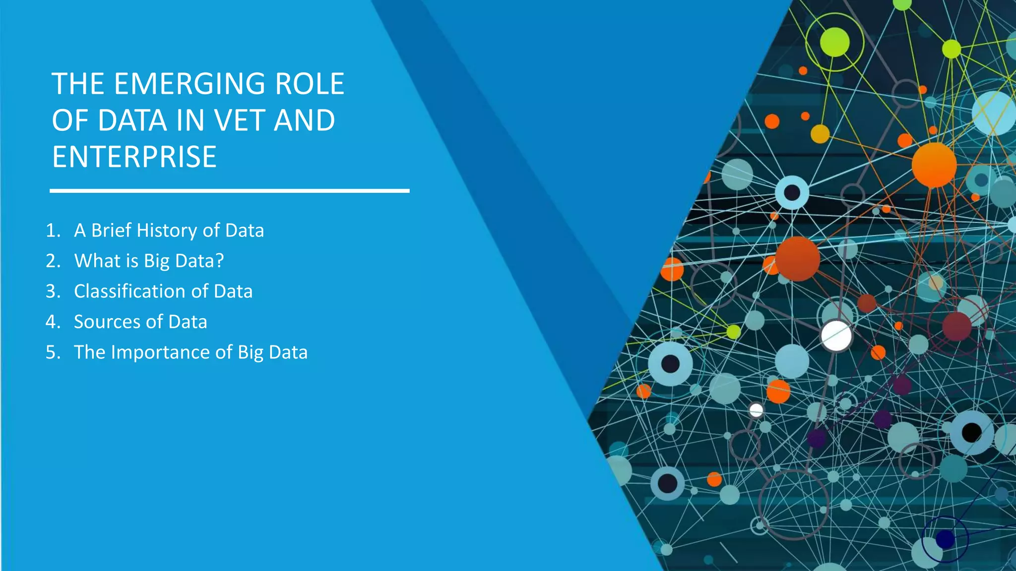 1. A Brief History of Data
2. What is Big Data?
3. Classification of Data
4. Sources of Data
5. The Importance of Big Data
THE EMERGING ROLE
OF DATA IN VET AND
ENTERPRISE
 
