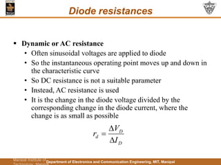 Department of Electronics and Communication Engineering, MIT, Manipal
Department of Electronics
and Communication
Engineering,
Manipal Institute of
Diode resistances
 Dynamic or AC resistance
• Often sinusoidal voltages are applied to diode
• So the instantaneous operating point moves up and down in
the characteristic curve
• So DC resistance is not a suitable parameter
• Instead, AC resistance is used
• It is the change in the diode voltage divided by the
corresponding change in the diode current, where the
change is as small as possible
D
D
d
I
V
r



 