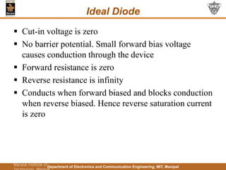 Department of Electronics and Communication Engineering, MIT, Manipal
Ideal Diode
 Cut-in voltage is zero
 No barrier potential. Small forward bias voltage
causes conduction through the device
 Forward resistance is zero
 Reverse resistance is infinity
 Conducts when forward biased and blocks conduction
when reverse biased. Hence reverse saturation current
is zero
Department of Electronics
and Communication
Engineering,
Manipal Institute of
 
