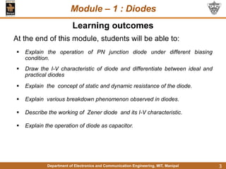 Department of Electronics and Communication Engineering, MIT, Manipal
Module – 1 : Diodes
Learning outcomes
At the end of this module, students will be able to:
 Explain the operation of PN junction diode under different biasing
condition.
 Draw the I-V characteristic of diode and differentiate between ideal and
practical diodes
 Explain the concept of static and dynamic resistance of the diode.
 Explain various breakdown phenomenon observed in diodes.
 Describe the working of Zener diode and its I-V characteristic.
 Explain the operation of diode as capacitor.
3
 