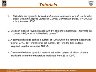 Department of Electronics and Communication Engineering, MIT, Manipal
Department of Electronics
and Communication
Engineering,
Manipal Institute of
Tutorials
1. Calculate the dynamic forward and reverse resistance of a P - N junction
diode, when the applied voltage is 0.2V for Germanium Diode. I0 = 30μA at
a temperature 125oC.
2. A silicon diode is reverse biased with 5V at room temperature. if reverse sat
current is 60pA, what is the diode current?
3. A germanium diode carries a current of 10mA when it is forward biased with
0.2V at 27oC. (a) Find reverse sat current. (b) Find the bias voltage
required to get a current of 100mA.
4. Calculate the factor by which reverse saturation current of silicon diode is
multiplied when the temperature increases from 25 to 100OC.
 