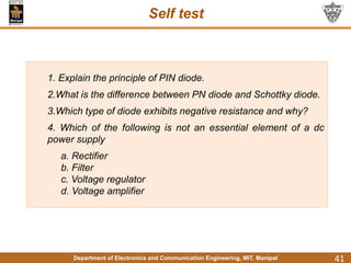 Department of Electronics and Communication Engineering, MIT, Manipal
Self test
41
1. Explain the principle of PIN diode.
2.What is the difference between PN diode and Schottky diode.
3.Which type of diode exhibits negative resistance and why?
4. Which of the following is not an essential element of a dc
power supply
a. Rectifier
b. Filter
c. Voltage regulator
d. Voltage amplifier
 