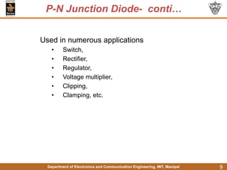Department of Electronics and Communication Engineering, MIT, Manipal
P-N Junction Diode- conti…
9
Used in numerous applications
• Switch,
• Rectifier,
• Regulator,
• Voltage multiplier,
• Clipping,
• Clamping, etc.
 