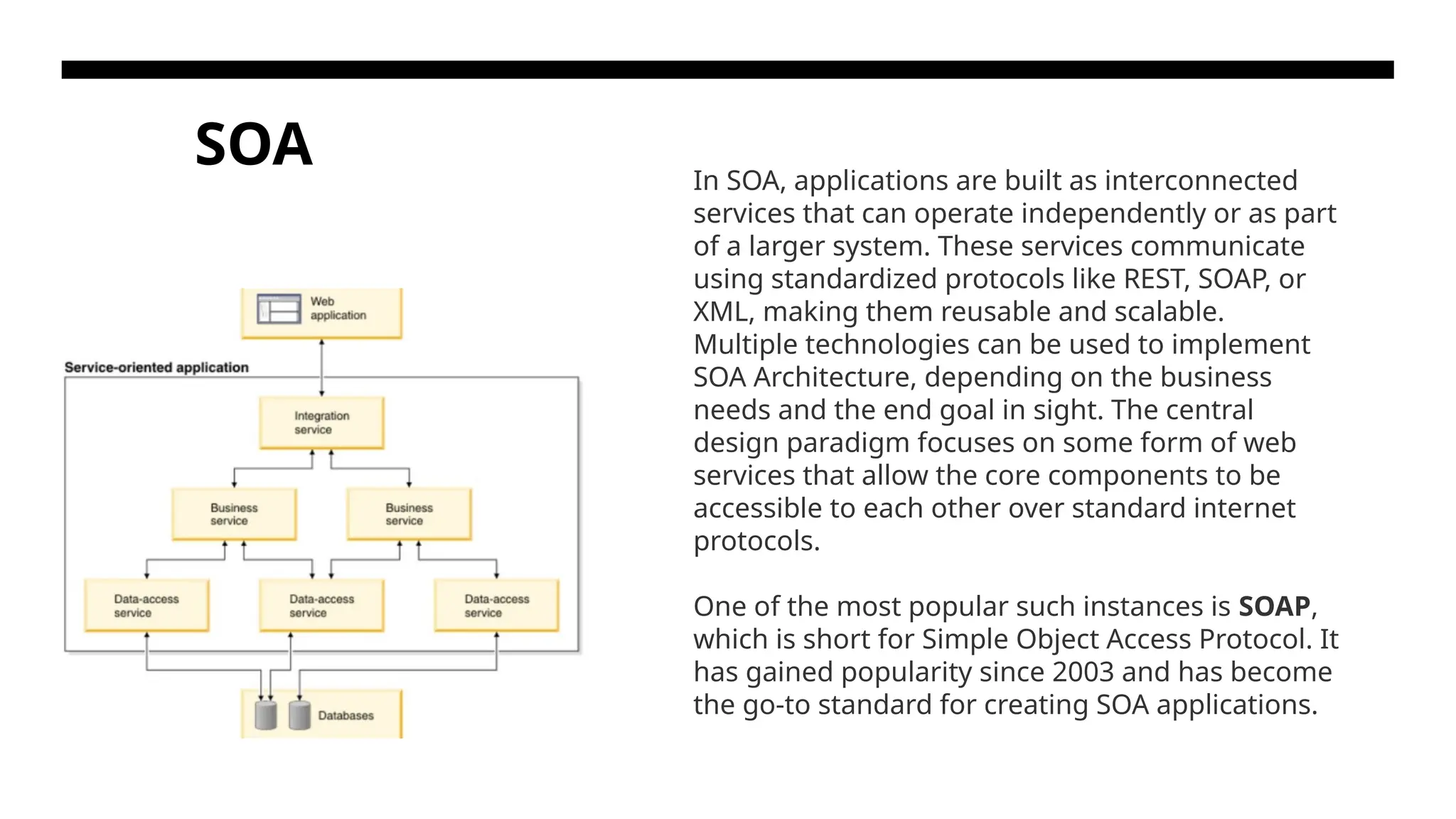 SOA In SOA, applications are built as interconnected services that can operate independently or as part of a larger system. These services communicate using standardized protocols like REST, SOAP, or XML, making them reusable and scalable. Multiple technologies can be used to implement SOA Architecture, depending on the business needs and the end goal in sight. The central design paradigm focuses on some form of web services that allow the core components to be accessible to each other over standard internet protocols. One of the most popular such instances is SOAP, which is short for Simple Object Access Protocol. It has gained popularity since 2003 and has become the go-to standard for creating SOA applications. 
