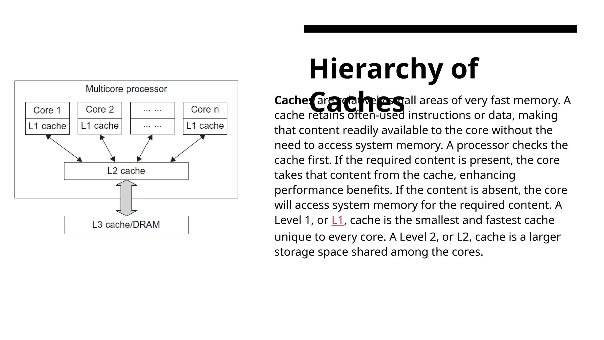 Hierarchy of Caches Caches are relatively small areas of very fast memory. A cache retains often-used instructions or data, making that content readily available to the core without the need to access system memory. A processor checks the cache first. If the required content is present, the core takes that content from the cache, enhancing performance benefits. If the content is absent, the core will access system memory for the required content. A Level 1, or L1, cache is the smallest and fastest cache unique to every core. A Level 2, or L2, cache is a larger storage space shared among the cores. 