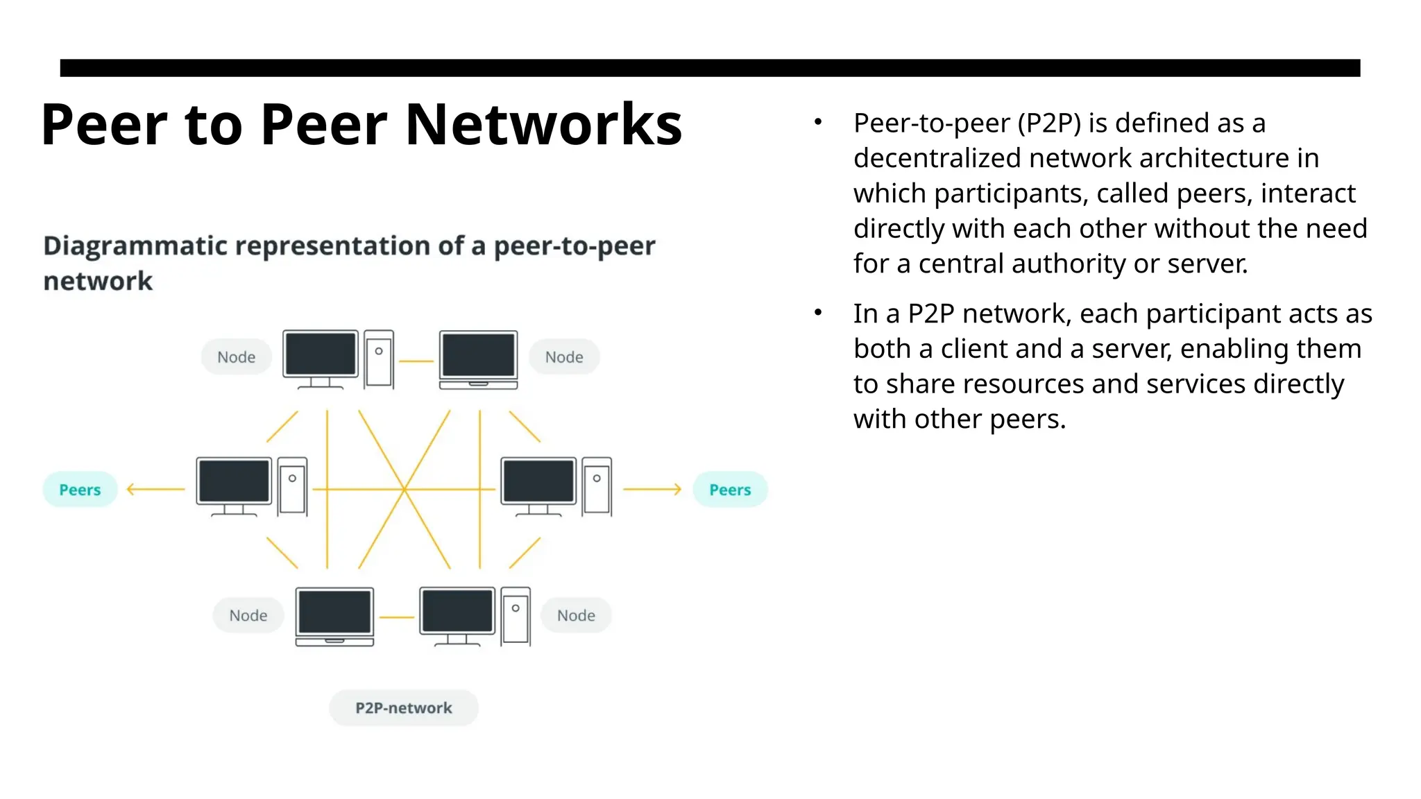 Peer to Peer Networks • Peer-to-peer (P2P) is defined as a decentralized network architecture in which participants, called peers, interact directly with each other without the need for a central authority or server. • In a P2P network, each participant acts as both a client and a server, enabling them to share resources and services directly with other peers. 