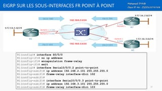 EIGRP SUR LES SOUS-INTERFACES FR POINT À POINT
R1(config)# interface S0/0/0
R1(config-if)# no ip address
R1(config-if)# encapsulation frame-relay
R1(config-if)# exit
R1(config)# interface Serial0/0/0.2 point-to-point
R1(config-subif)# ip address 192.168.2.101 255.255.255.0
R1(config-subif)# frame-relay interface-dlci 102
R1(config-subif)#
R1(config-subif)# interface Serial0/0/0.3 point-to-point
R1(config-subif)# ip address 192.168.3.101 255.255.255.0
R1(config-subif)# frame-relay interface-dlci 103 31
 