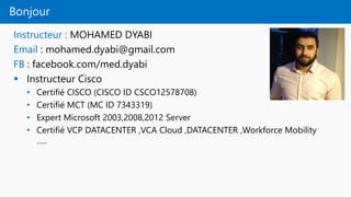 Bonjour
Instructeur : MOHAMED DYABI
Email : mohamed.dyabi@gmail.com
FB : facebook.com/med.dyabi
 Instructeur Cisco
• Certifié CISCO (CISCO ID CSCO12578708)
• Certifié MCT (MC ID 7343319)
• Expert Microsoft 2003,2008,2012 Server
• Certifié VCP DATACENTER ,VCA Cloud ,DATACENTER ,Workforce Mobility
…..
 