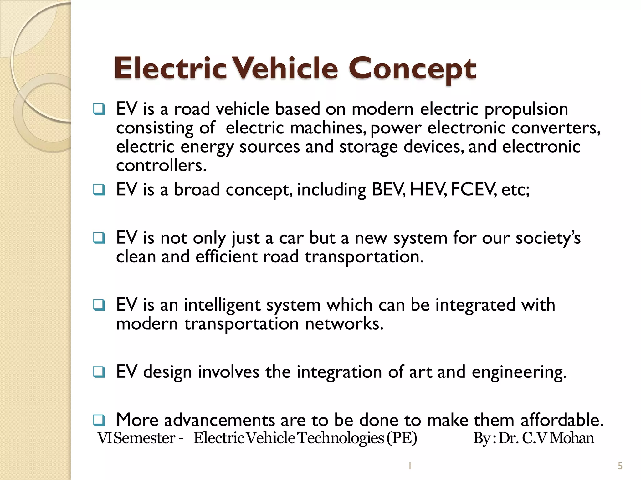 Module 1: Electric vehicle Technology for VTU - by Dr. C V Mohan | PDF