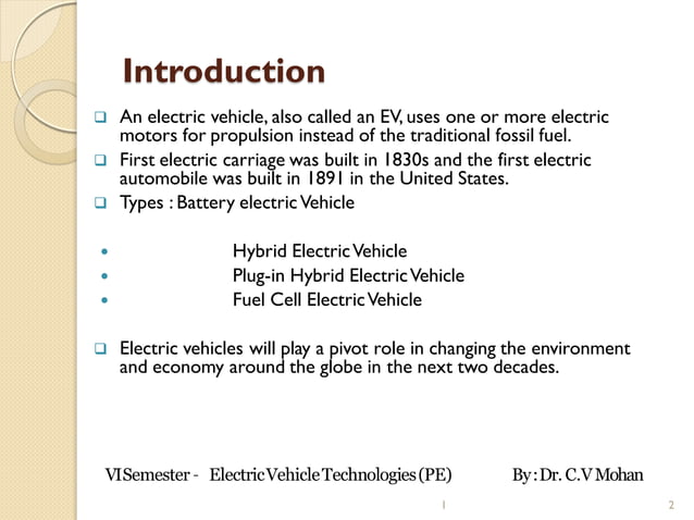 Module 1: Electric vehicle Technology for VTU - by Dr. C V Mohan | PDF