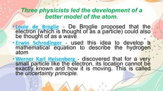 Three physicists led the development of a
better model of the atom.
• Louie de Broglie - De Broglie proposed that the
electron (which is thought of as a particle) could also
be thought of as a wave
• Erwin Schrodinger - used this idea to develop a
mathematical equation to describe the hydrogen
atom
• Werner Karl Heisenberg - discovered that for a very
small particle like the electron, its location cannot be
exactly known and how it is moving. This is called
the uncertainty principle.
 