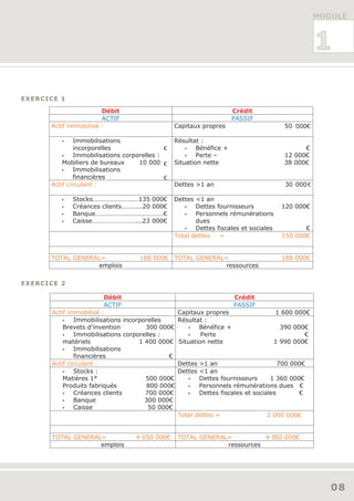 MODULE



                                                                                                   1

EXERCICE 1

                       Débit                                         Crédit
                       ACTIF                                         PASSIF
      Actif immobilisé :                        Capitaux propres                        50 000€

         •    Immobilisations                   Résultat :
              incorporelles                 €       •   Bénéfice +                            €
          •   Immobilisations corporelles :         •   Perte –                         12 000€
          Mobiliers de bureaux     10 000 €     Situation nette                         38 000€
          •   Immobilisations
              financières                   €
      Actif circulant :                         Dettes >1 an                            30 000 €

         •   Stocks…………………….…135 000€           Dettes <1 an
         •   Créances clients………...20 000€         •   Dettes fournisseurs             120 000€
         •   Banque……………………………………€                 •   Personnels rémunérations
         •   Caisse………………………...23 000€                 dues
                                                   •   Dettes fiscales et sociales            €
                                                Total dettes   =                       150 000€


      TOTAL GENERAL=               188 000€ TOTAL GENERAL=                             188 000€
                  emplois                                 ressources

EXERCICE 2

                        Débit                                        Crédit
                        ACTIF                                        PASSIF
      Actif immobilisé :                         Capitaux propres                    1 600 000€
          •   Immobilisations incorporelles      Résultat :
          Brevets d’invention        300 000€        •  Bénéfice +                     390 000€
          •   Immobilisations corporelles :          •   Perte                                €
          matériels                1 400 000€    Situation nette                     1 990 000€
          •   Immobilisations
              financières                   €
      Actif circulant :                          Dettes   >1 an                       700 000€
          •   Stocks :                           Dettes   <1 an
          Matières 1°                500 000€       •     Dettes fournisseurs      1 360 000€
          Produits fabriqués          800 000€      •     Personnels rémunérations dues €
          •   Créances clients       700 000€       •     Dettes fiscales et sociales       €
          •   Banque                 300 000€
          •   Caisse                  50 000€
                                                 Total dettes =                 2 060 000€


      TOTAL GENERAL=              4 050 000€     TOTAL GENERAL=          4 050 000€
                   emplois                                    ressources




                                                                                                      08
 