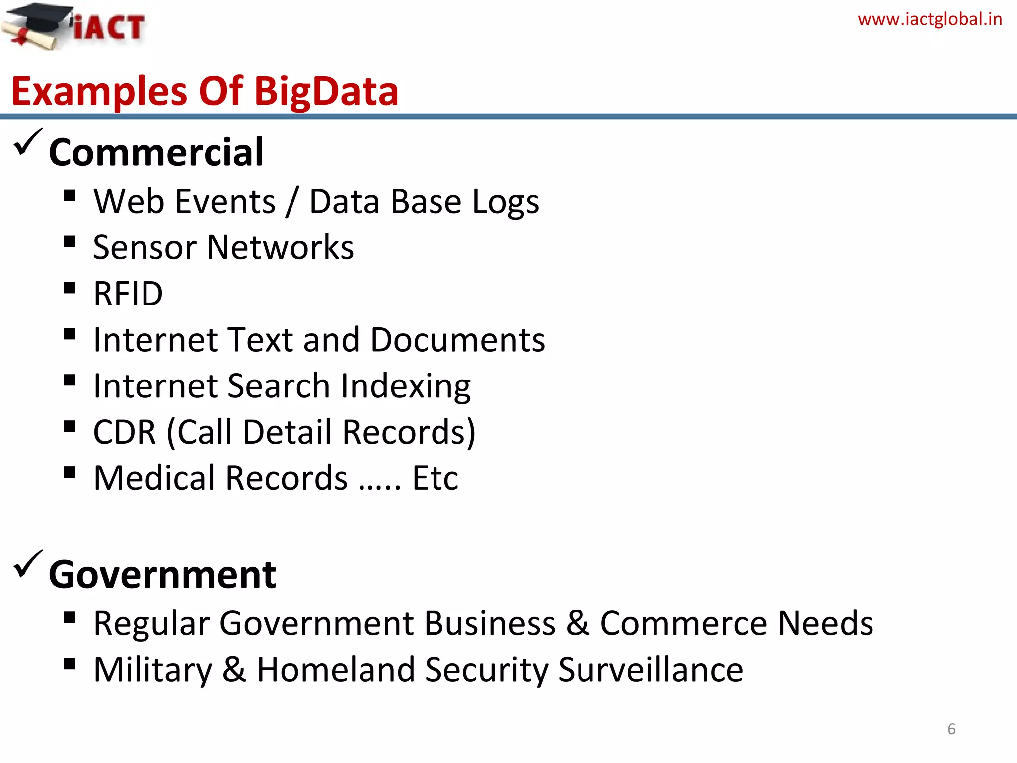 www.iactglobal.in
Commercial
 Web Events / Data Base Logs
 Sensor Networks
 RFID
 Internet Text and Documents
 Internet Search Indexing
 CDR (Call Detail Records)
 Medical Records ….. Etc
Government
 Regular Government Business & Commerce Needs
 Military & Homeland Security Surveillance
6
Examples Of BigData
 