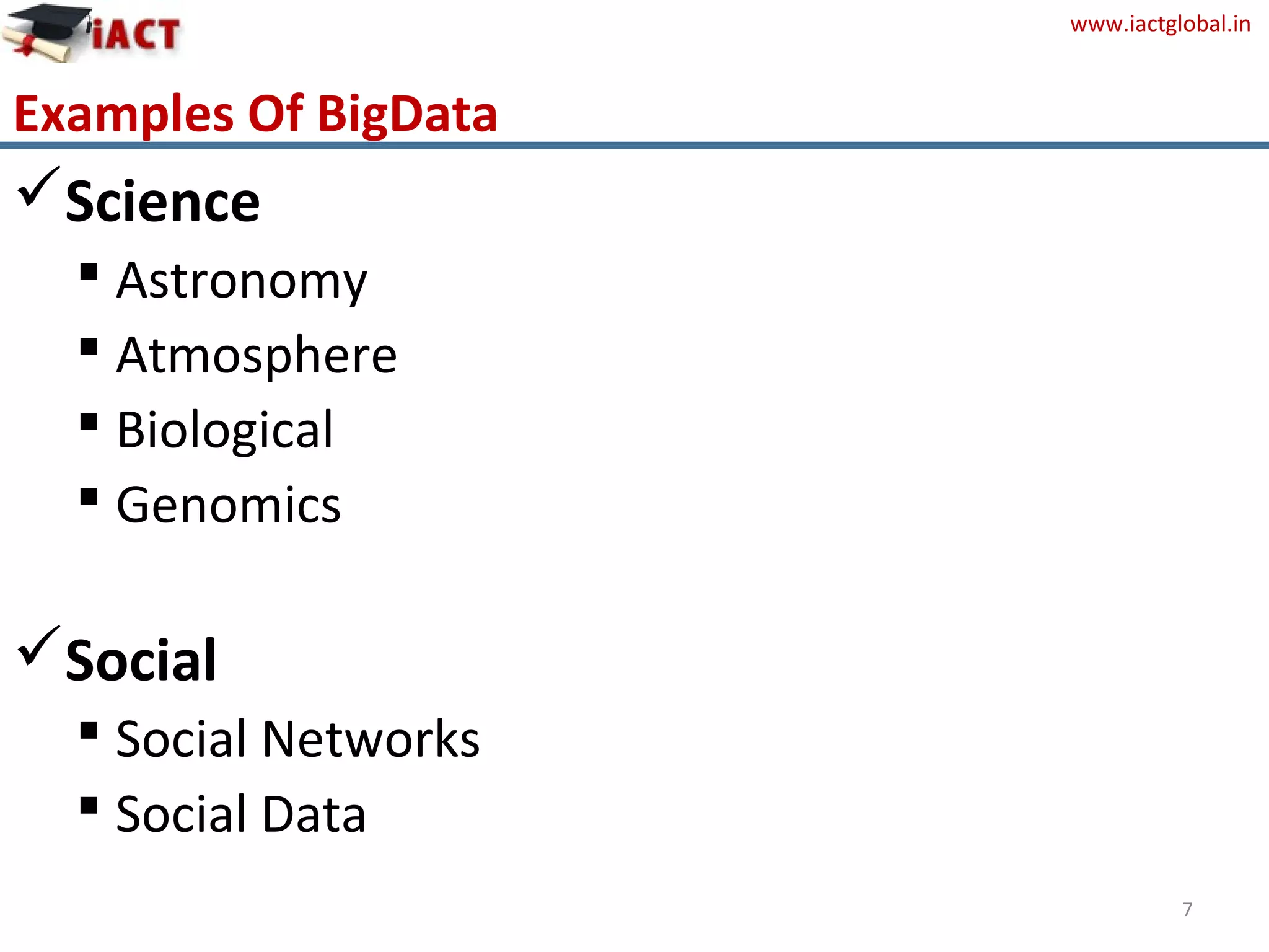 www.iactglobal.in
Science
 Astronomy
 Atmosphere
 Biological
 Genomics
Social
 Social Networks
 Social Data
7
Examples Of BigData
 