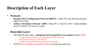 Description of Each Layer
• Protocols :
• Dynamic Host Configuration Protocol (DHCP) : Helps IP to get the network-layer
address for a host
• Address Resolution Protocol (ARP): Helps IP to find the MAC Address(Media
Access Control ) of a host or a router
Data-link Layer:
• The data-link layer takes a datagram and encapsulates it in a packet called a frame
1. A header (which includes the source and destination MAC addresses)
2. The payload (the fragment of the datagram)
3. A trailer (which often includes error-checking data like CRC).
• TCP/IP does not define any specific protocol for the data-link layer.
 