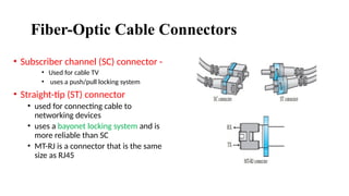 Fiber-Optic Cable Connectors
• Subscriber channel (SC) connector -
• Used for cable TV
• uses a push/pull locking system
• Straight-tip (ST) connector
• used for connecting cable to
networking devices
• uses a bayonet locking system and is
more reliable than SC
• MT-RJ is a connector that is the same
size as RJ45
 
