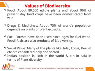78
Values of Biodiversity
 Food: About 80,000 edible plants and about 90% of
present day food crops have been domesticated from
wild.
 Drugs & Medicines: About 75% of world’s population
depends on plants or plant extracts.
 Fuel: Forests have been used since ages for fuel wood.
Fossil fuels are also products of Biodiversity.
 Social Value: Many of the plants like Tulsi, Lotus, Peepal
etc are considered holy and sacred.
 India’s position is 10th in the world & 4th in Asia in
terms of Plant diversity.
An autonomous institute
 