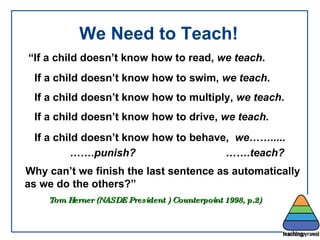 We Need to Teach! “ If a child doesn’t know how to read,  we teach . If a child doesn’t know how to swim,  we teach . If a child doesn’t know how to multiply,  we teach . If a child doesn’t know how to drive,  we teach. If a child doesn’t know how to behave,  we…….....    Why can’t we finish the last sentence as automatically as we do the others?” Tom Herner (NASDE President ) Counterpoint 1998, p.2) …… .teach?  …… .punish?  