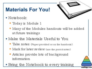 Materials For You! Notebook: Today is Module 1 Many of the Modules handouts will be added at future trainings Make the Materials Useful to You Take notes  (Paper provided or on the handouts) Mark for later review  (use the post-it notes) Articles provide lots of background information Bring the Notebook to every training 
