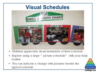 Visual Schedules Children appreciate visual reminders of their schedule Explore using a large “picture schedule” with your daily routine You can indicate a change with pictures beside the typical schedule 