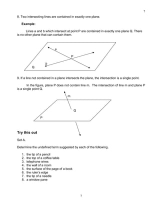 7
7
8. Two intersecting lines are contained in exactly one plane.
Example:
Lines a and b which intersect at point P are contained in exactly one plane Q. There
is no other plane that can contain them.
a
P
b
Q
9. If a line not contained in a plane intersects the plane, the intersection is a single point.
In the figure, plane P does not contain line m. The intersection of line m and plane P
is a single point Q.
m
Q
P
Try this out
Set A.
Determine the undefined term suggested by each of the following.
1. the tip of a pencil
2. the top of a coffee table
3. telephone wires
4. the wall of a room
5. the surface of the page of a book
6. the ruler’s edge
7. the tip of a needle
8. a window pane
 